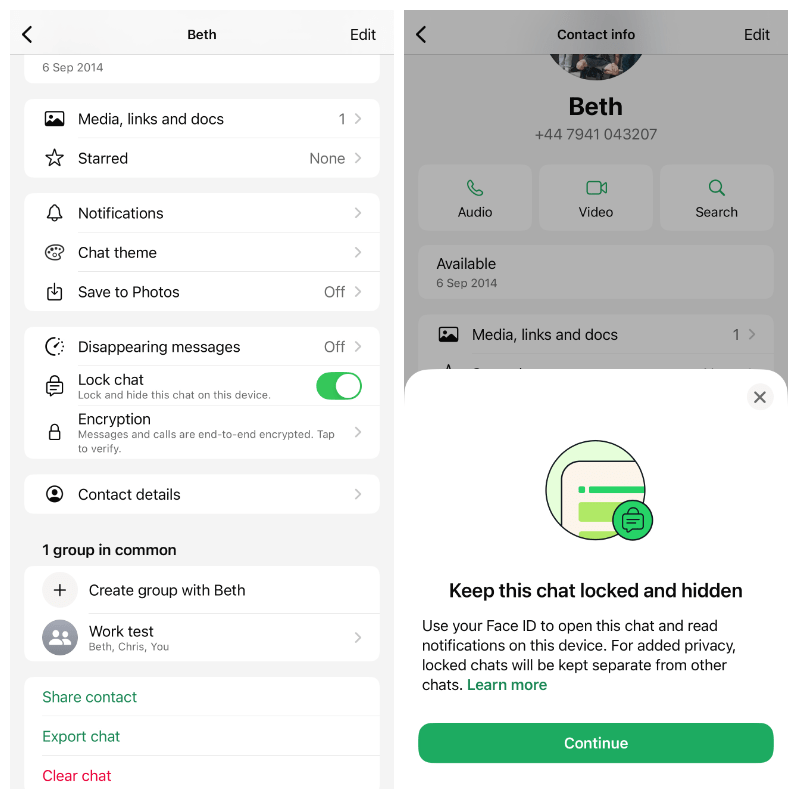 Two screenshots. Left: list of various options under the heading “Beth.” Right: Beth’s WhatsUp profile with pop-up “Keep this chat locked and hidden.”