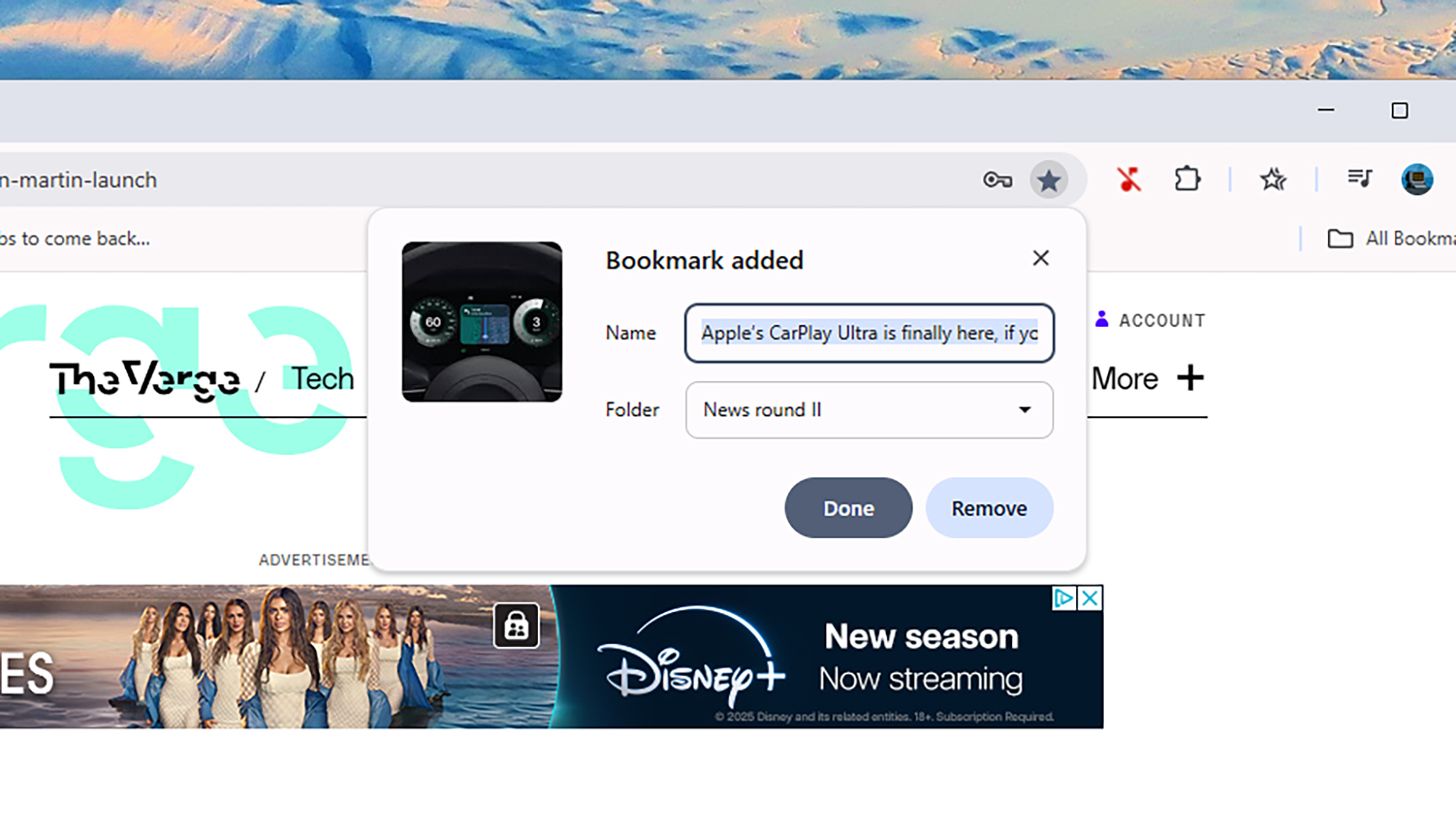 Pop-up showing BookMark Added with the name and the folder.