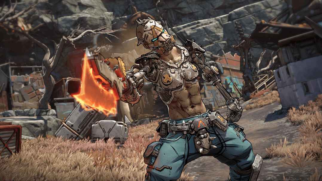 A masked man holds a flaming sword towards the camera.