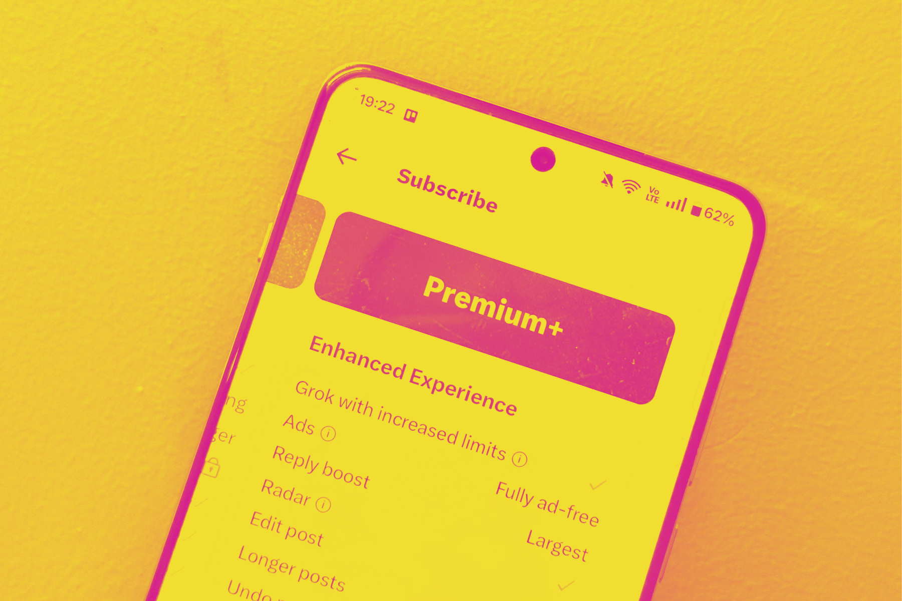 Details of X Premium+ subscription seen on a phone.