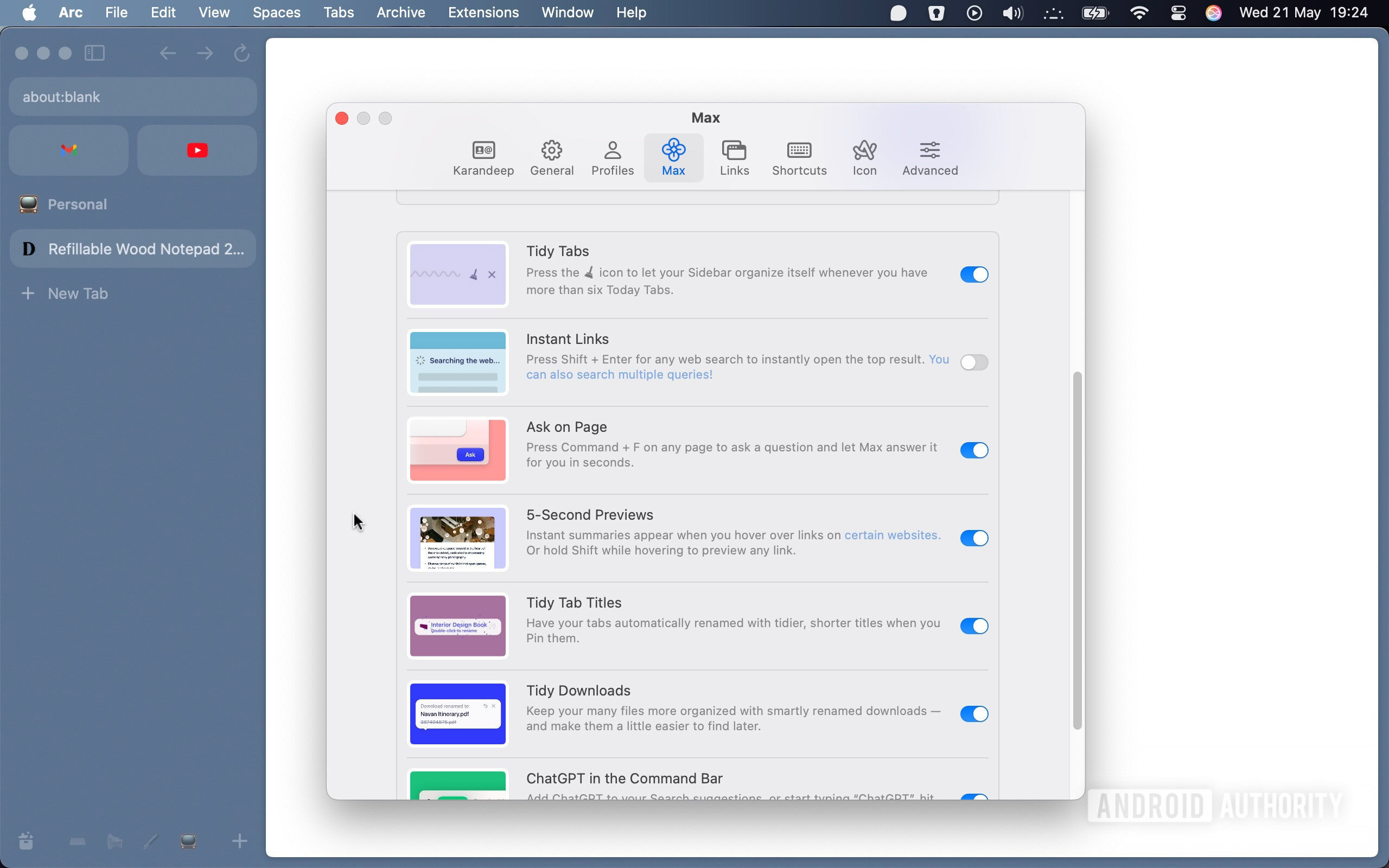 Arc Browser for Mac with its settings page open showing Max AI features