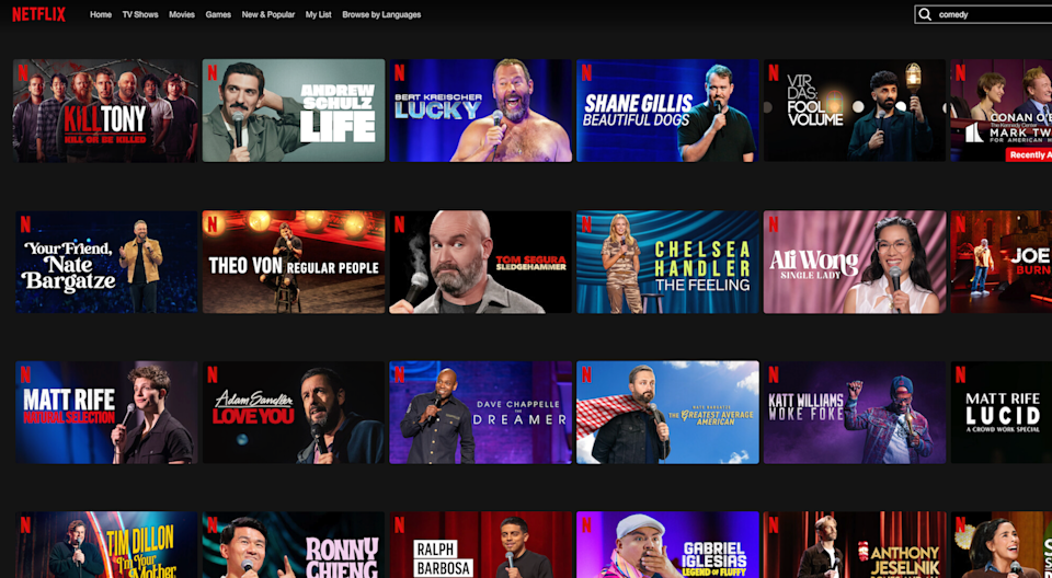 A screenshot showing some of Netflix's stand-up comedy specials.