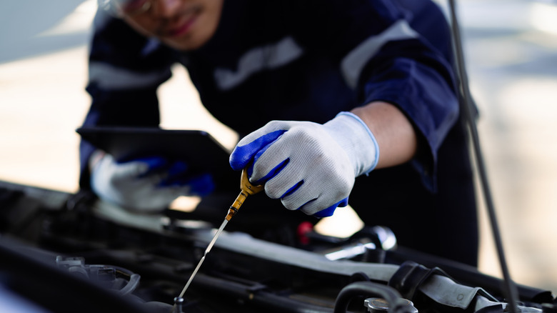 A mechanic checking a vehicle's oil level.