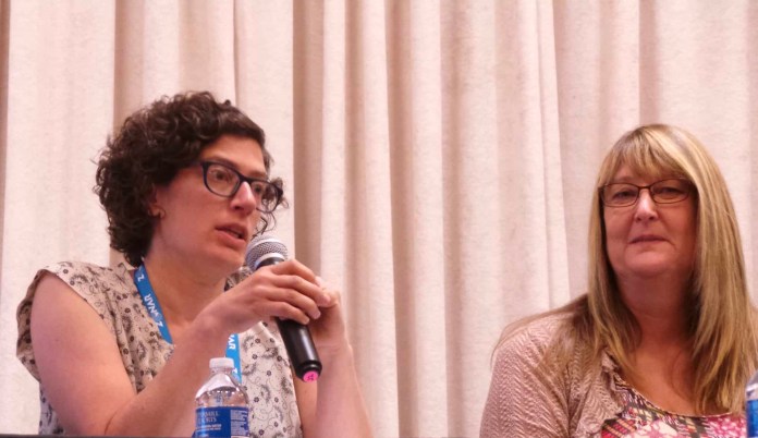 Monday, July 29; Bethany Gross and Launi Harden during the panel on the impacts of charter schools and school choice on student transportation.