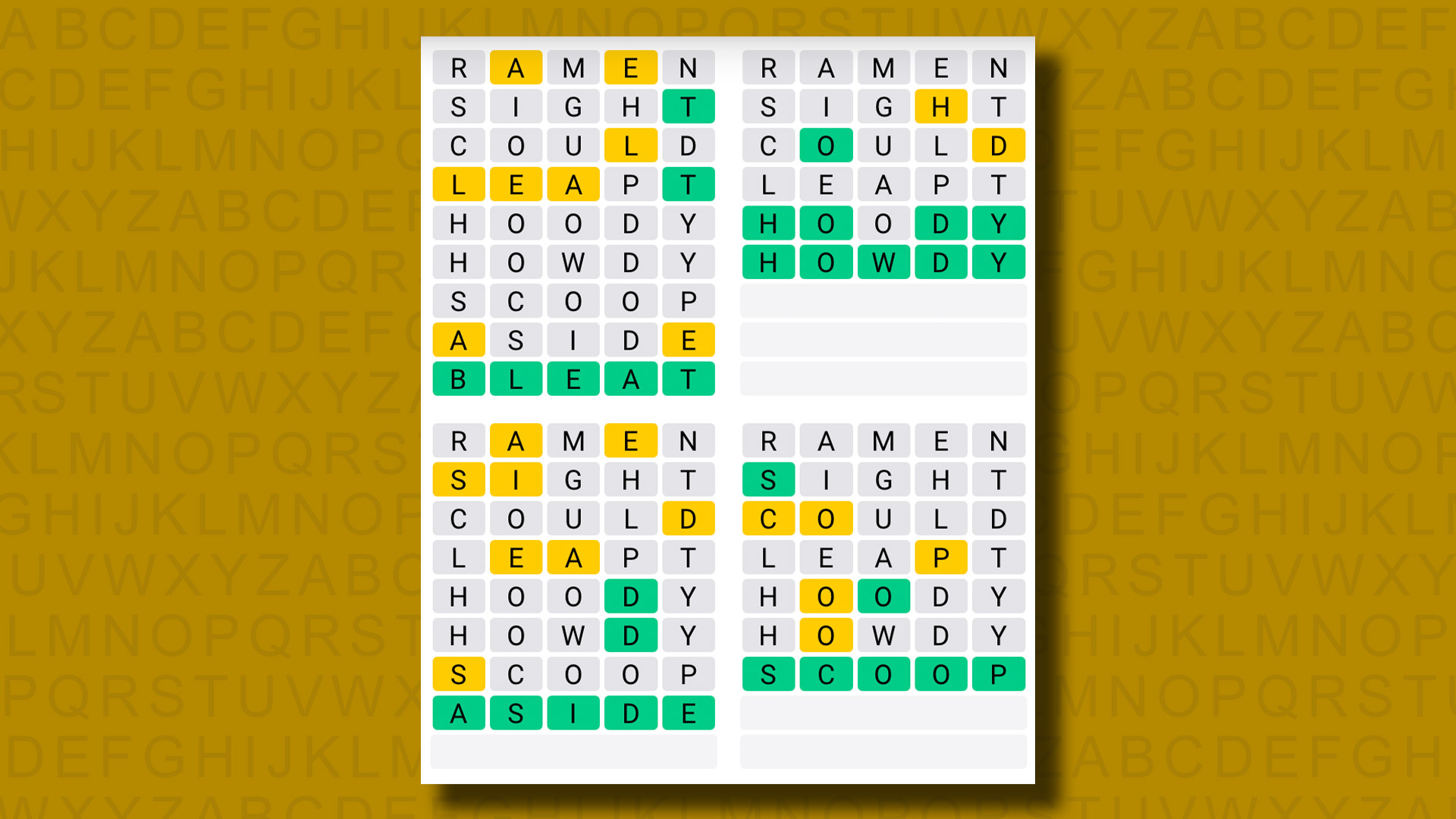 Quordle answers for game 1218 on a yellow background