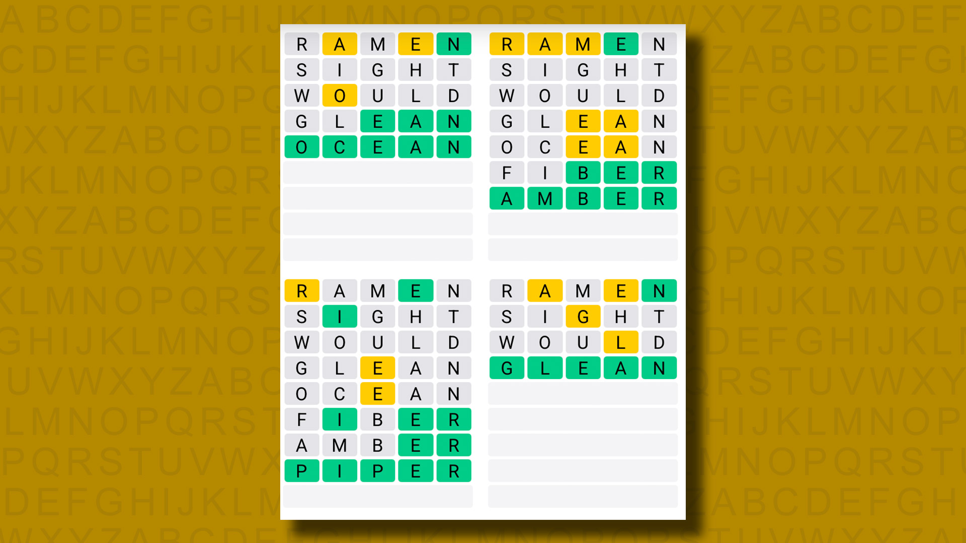 Quordle answers for game 1217 on a yellow background