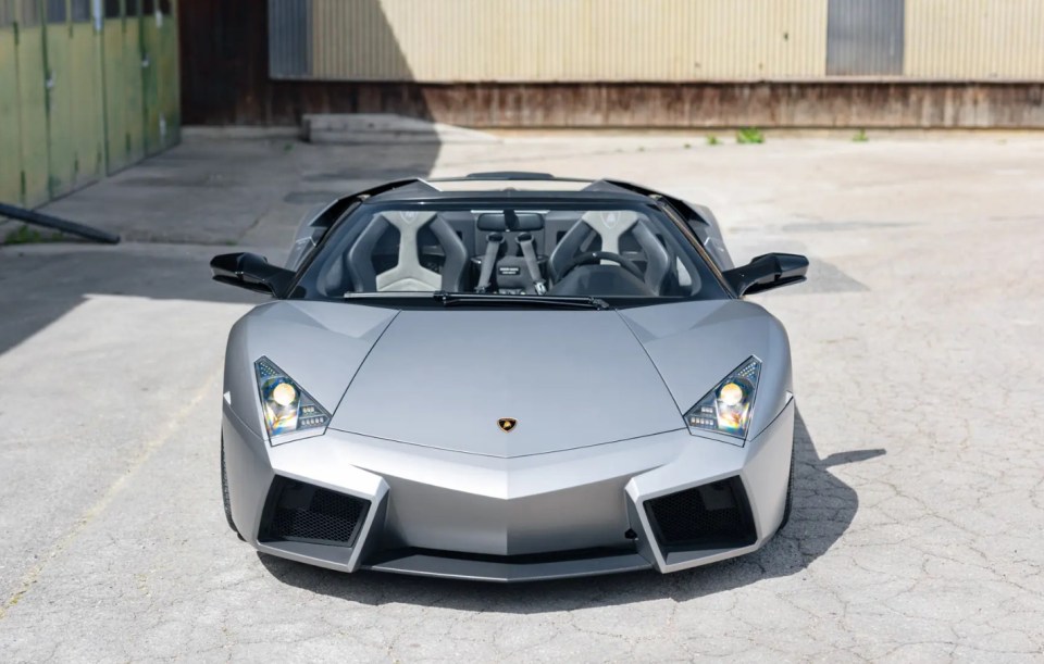 Front view of a silver Lamborghini Reventón Roadster.