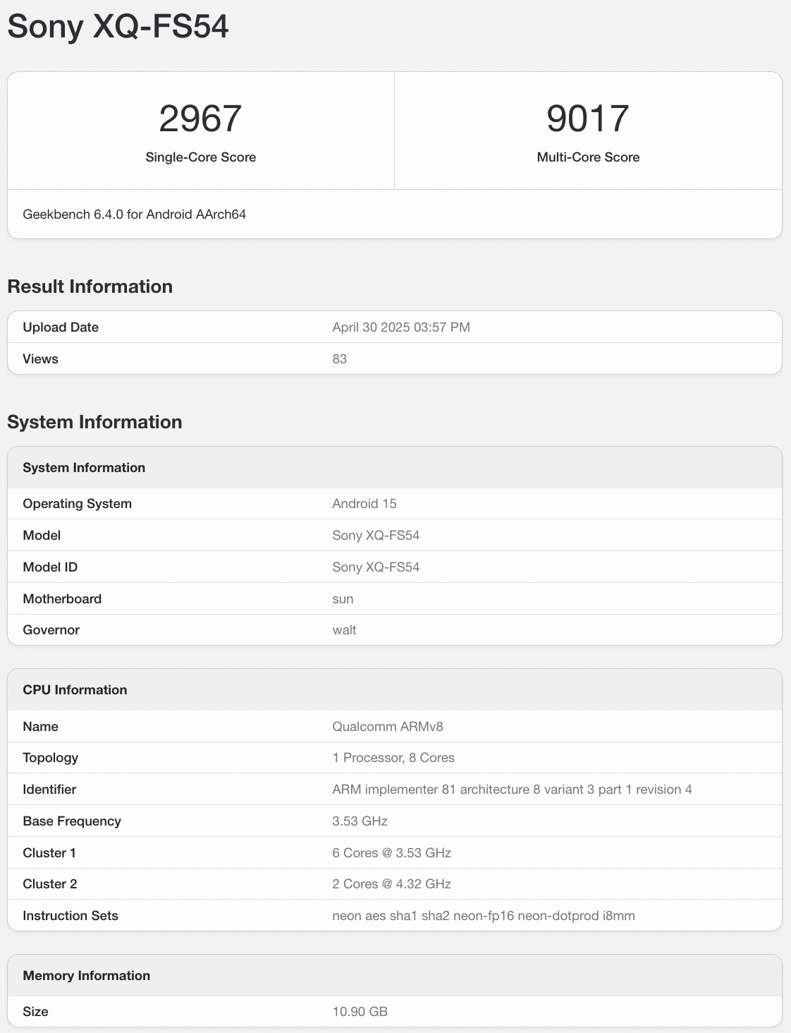 Sony Xperia 1 VII Geekbench listing