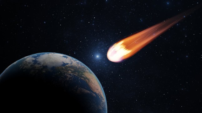 Asteroid, fall of comet to earth, Armageddon disaster, danger meteorite. Huge fiery comet is flying in space towards Earth. 3d render. Elements of this image furnished by NASA. 3d render. https://visibleearth.nasa.gov/collection/1484/blue-marble
