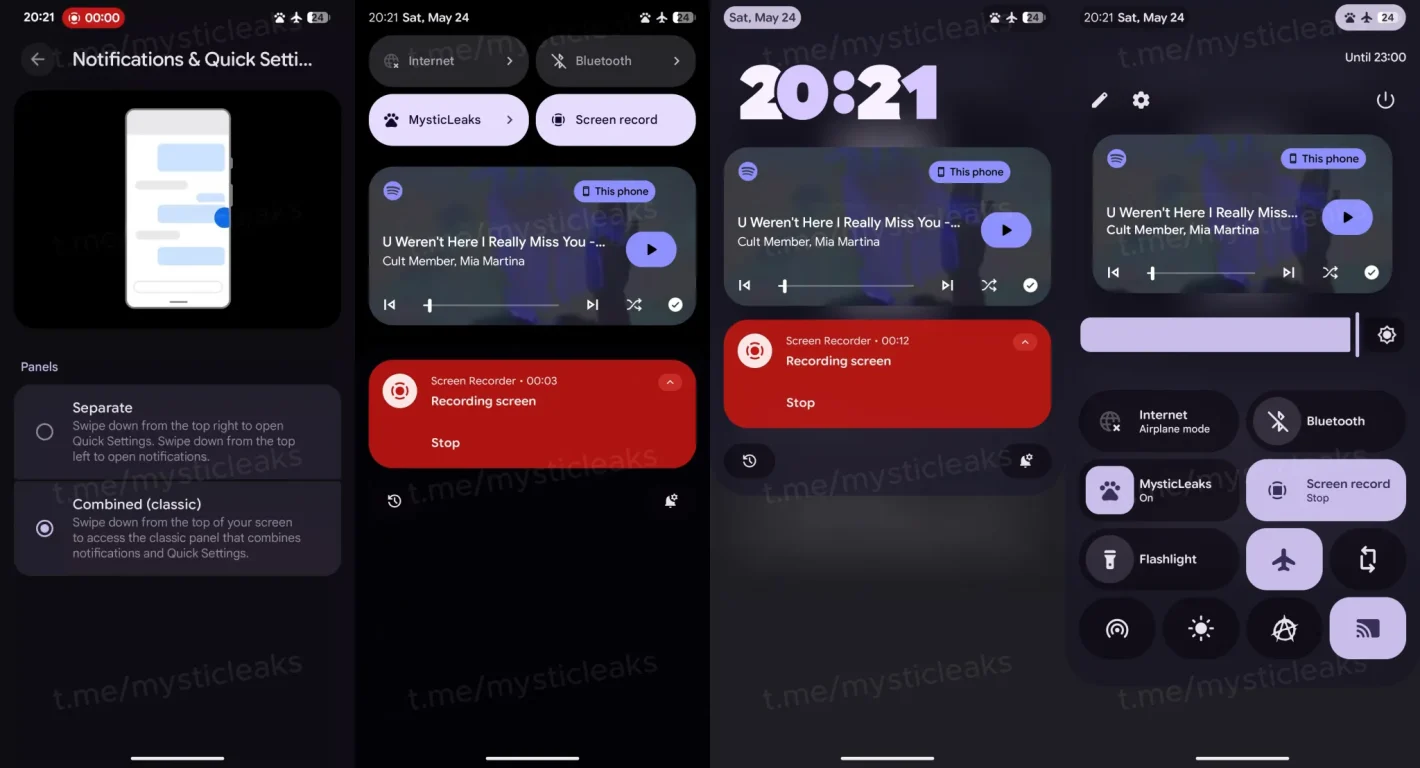 Android 16 separate notifications and quick settings leak