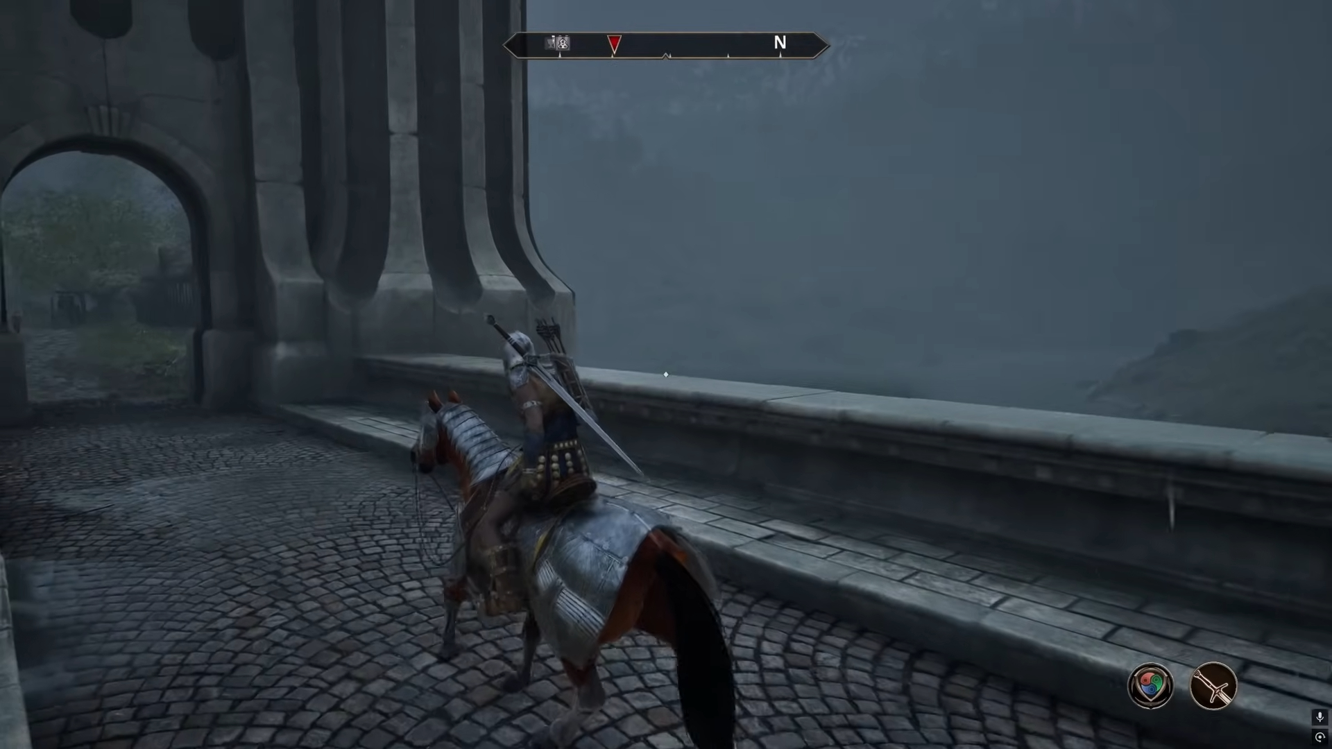 A knight riding a horse on a bridge.