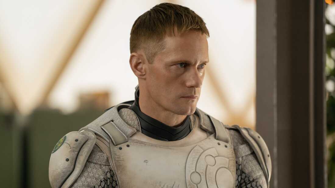 Alexander Skarsgård in Murderbot, which starts Friday on Apple TV+.