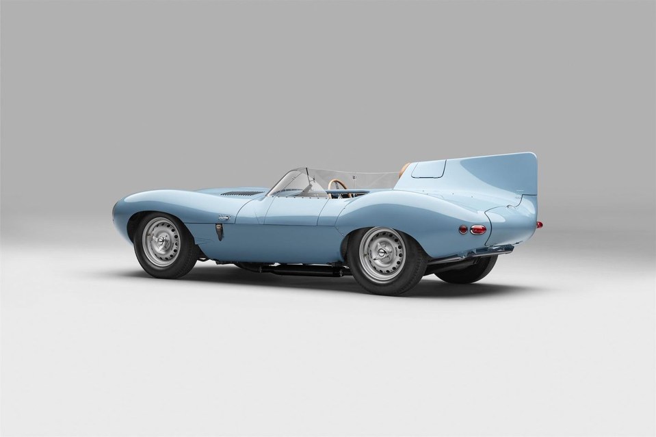Pastel blue Jaguar D-Type sports car.