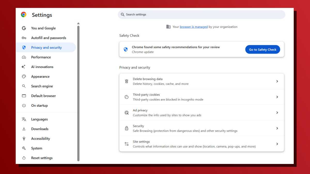 Chrome settings Safety Check button screenshot