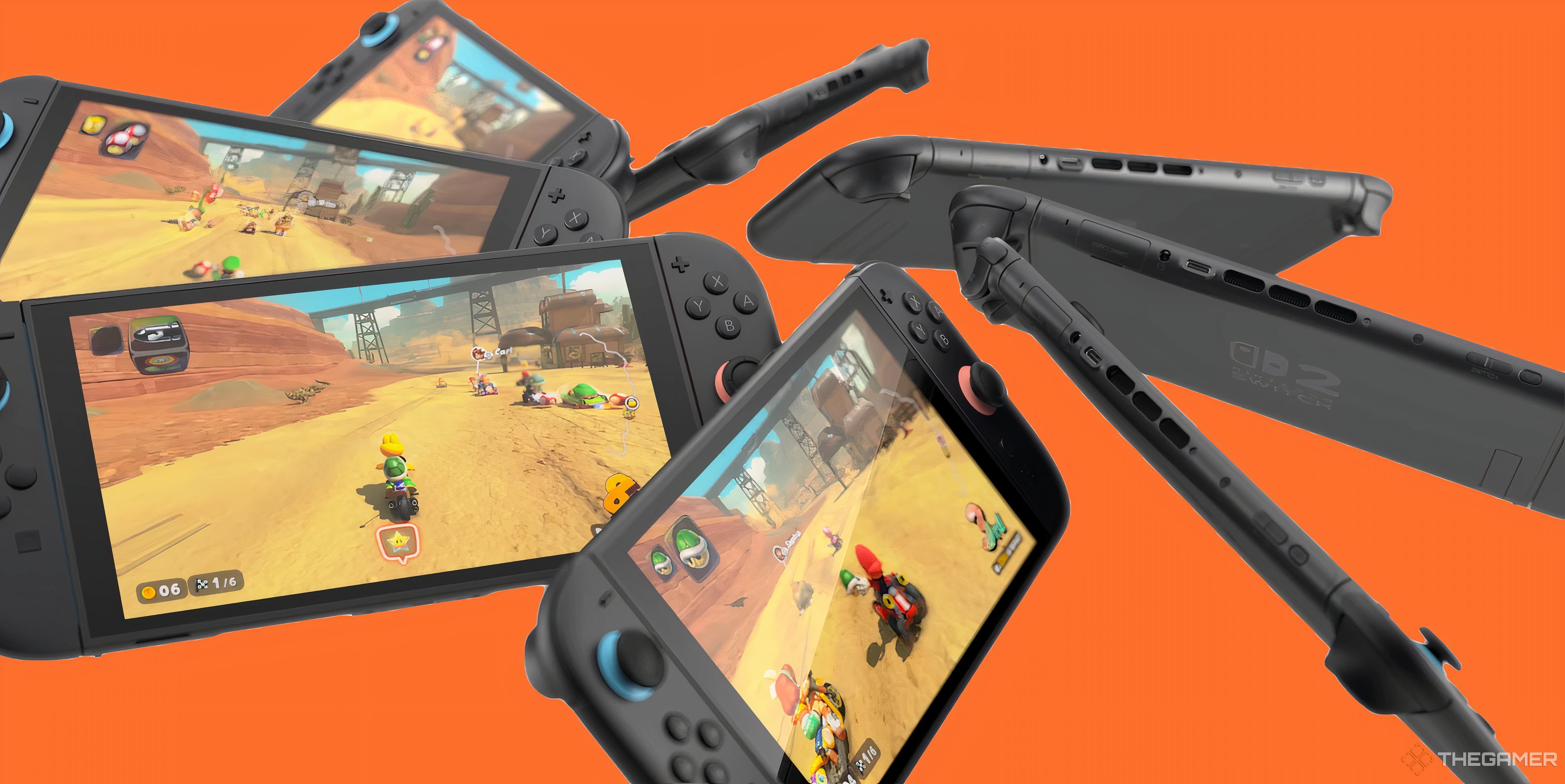 8 nintendo switch 2s against an orange background.-2