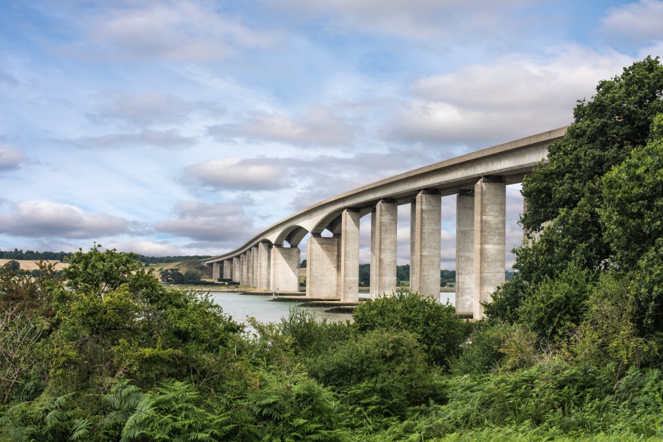 Orwell Bridge spanning the River Orwell in Suffolk, England.