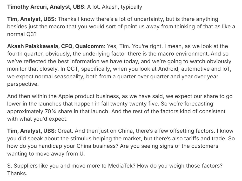Relevant transcript from Qualcomm’s earnings call. | Image credit — Investing - We can assume which iPhone 17 models will get Apple’s cellular modem