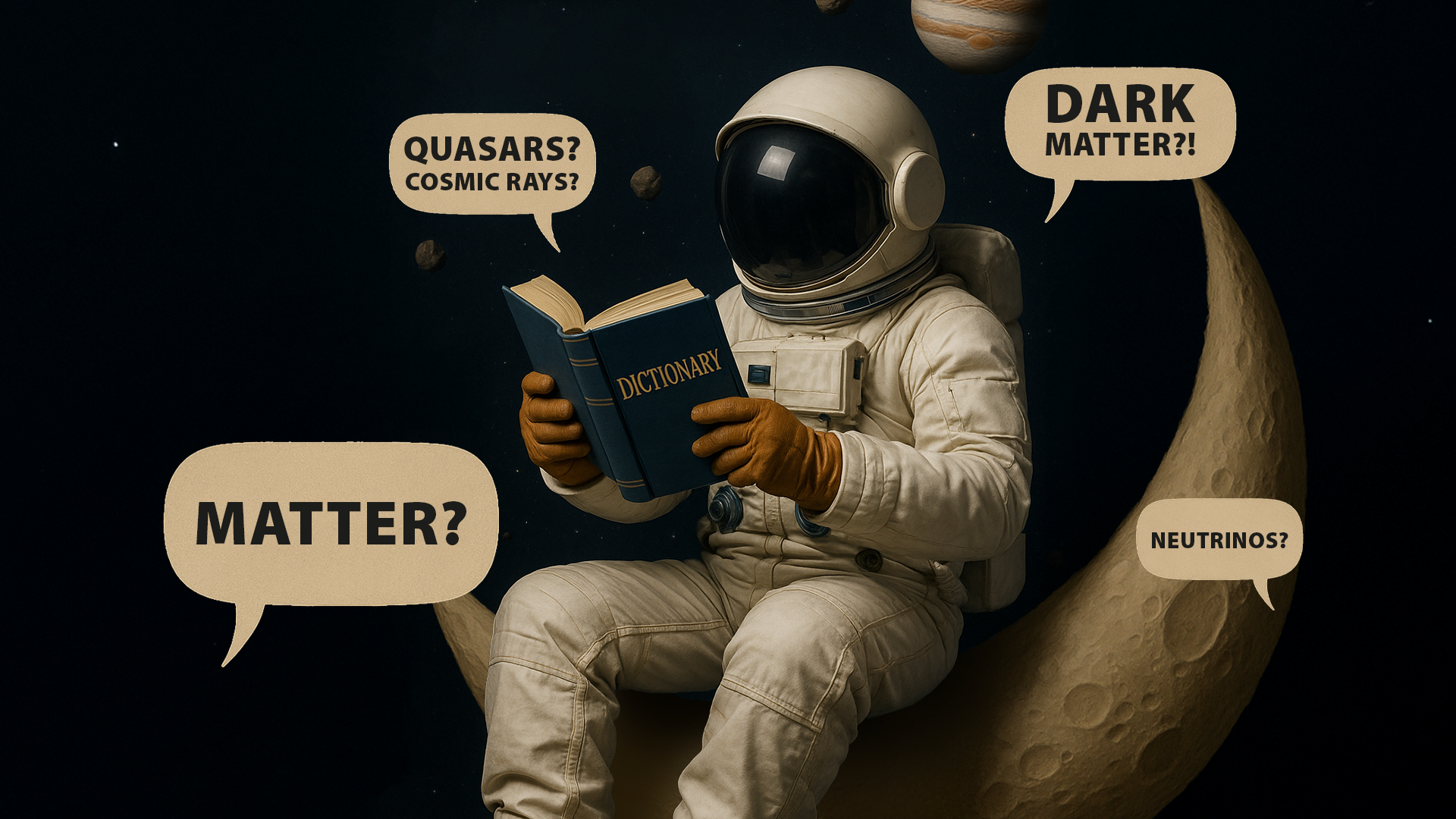 An astronaut sitting on a waning moon while reading a dictionary, with some confusing words floating around.