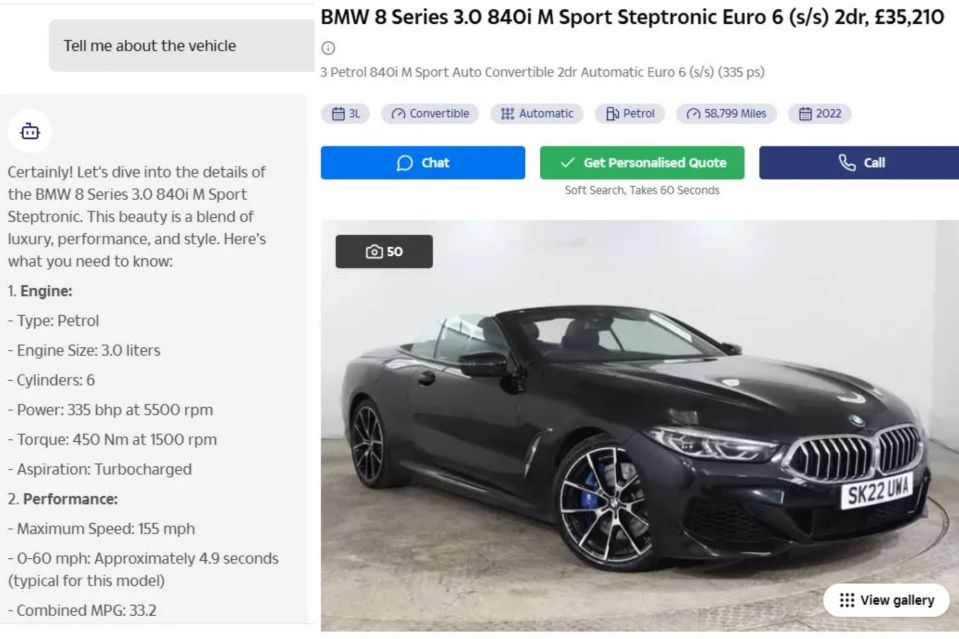 An image collage containing 2 images, Image 1 shows Specifications for a BMW 8 Series 3.0 840i M Sport Steptronic, Image 2 shows Black BMW 8 Series convertible