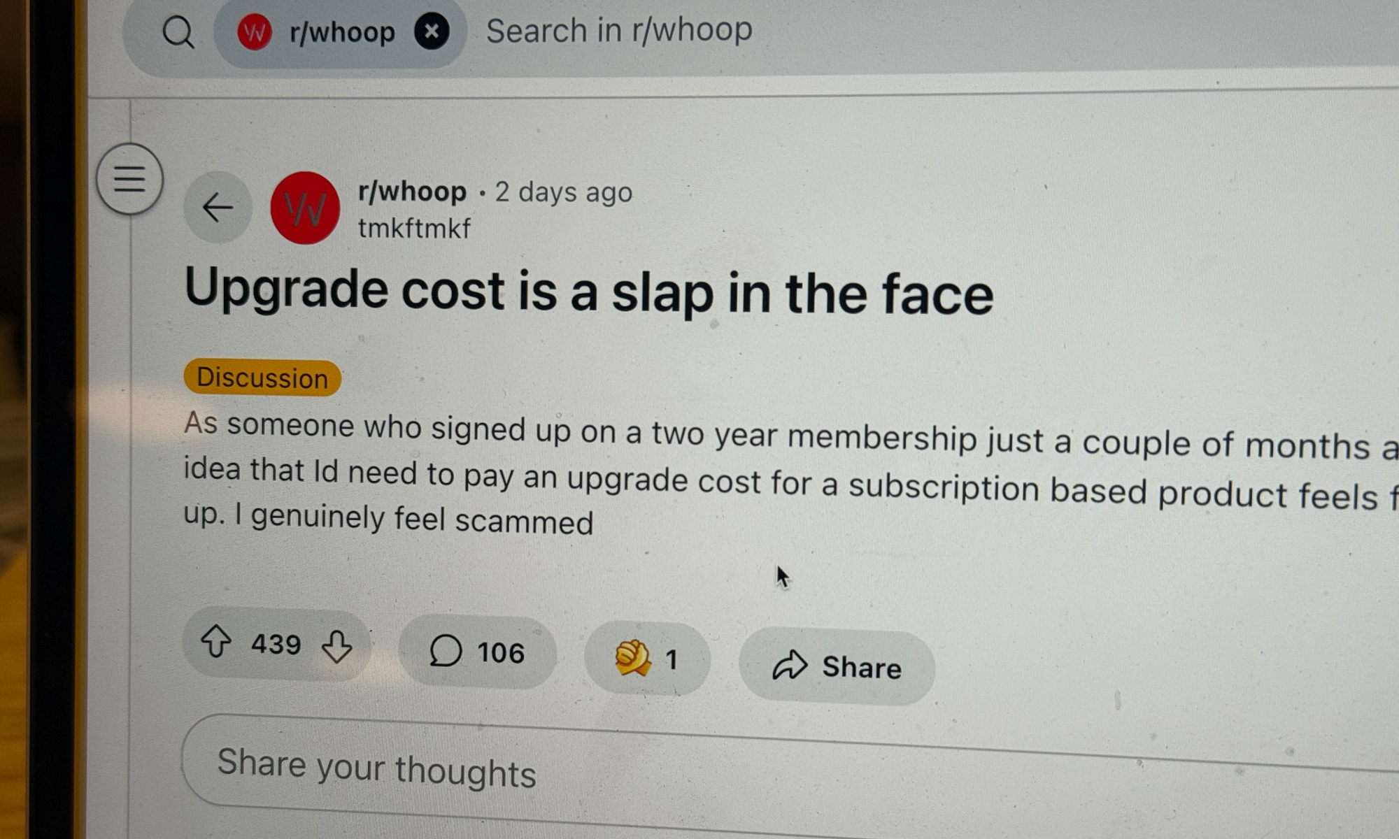 User post regarding Whoop upgrade on Reddit.
