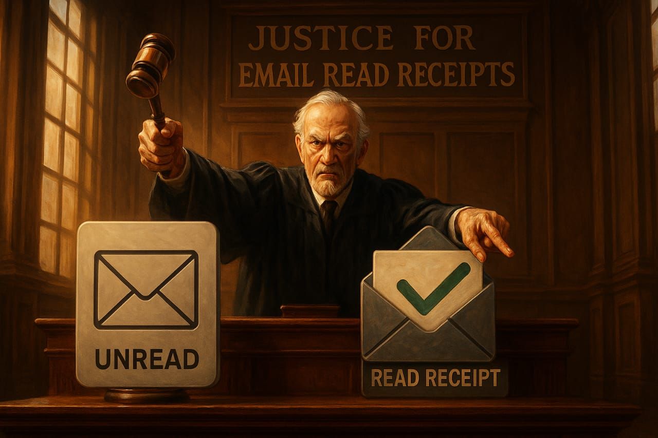 An illustration of a judge granting in favor of email read receipts in a courtroom.