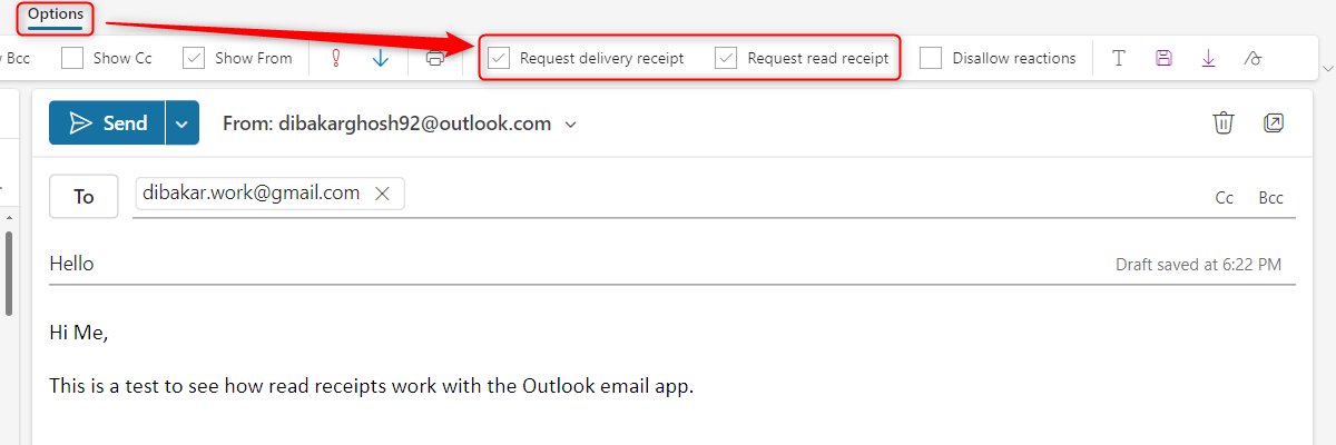 Email being sent from Outlook email client with read receipts and delivery receipts enabled.
