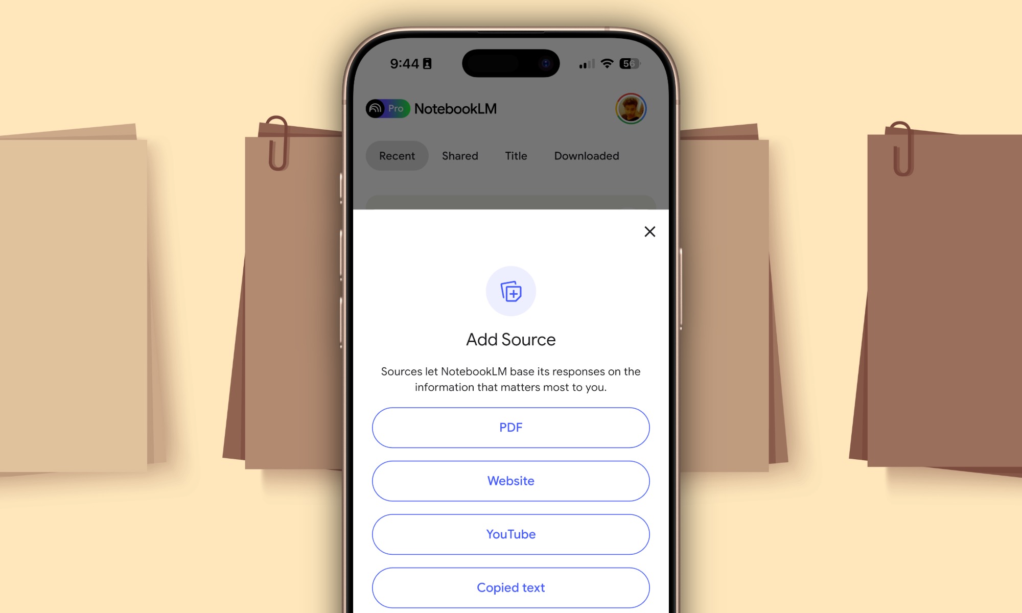 Adding source in the NotebookLM app on iPhone 16 Pro.