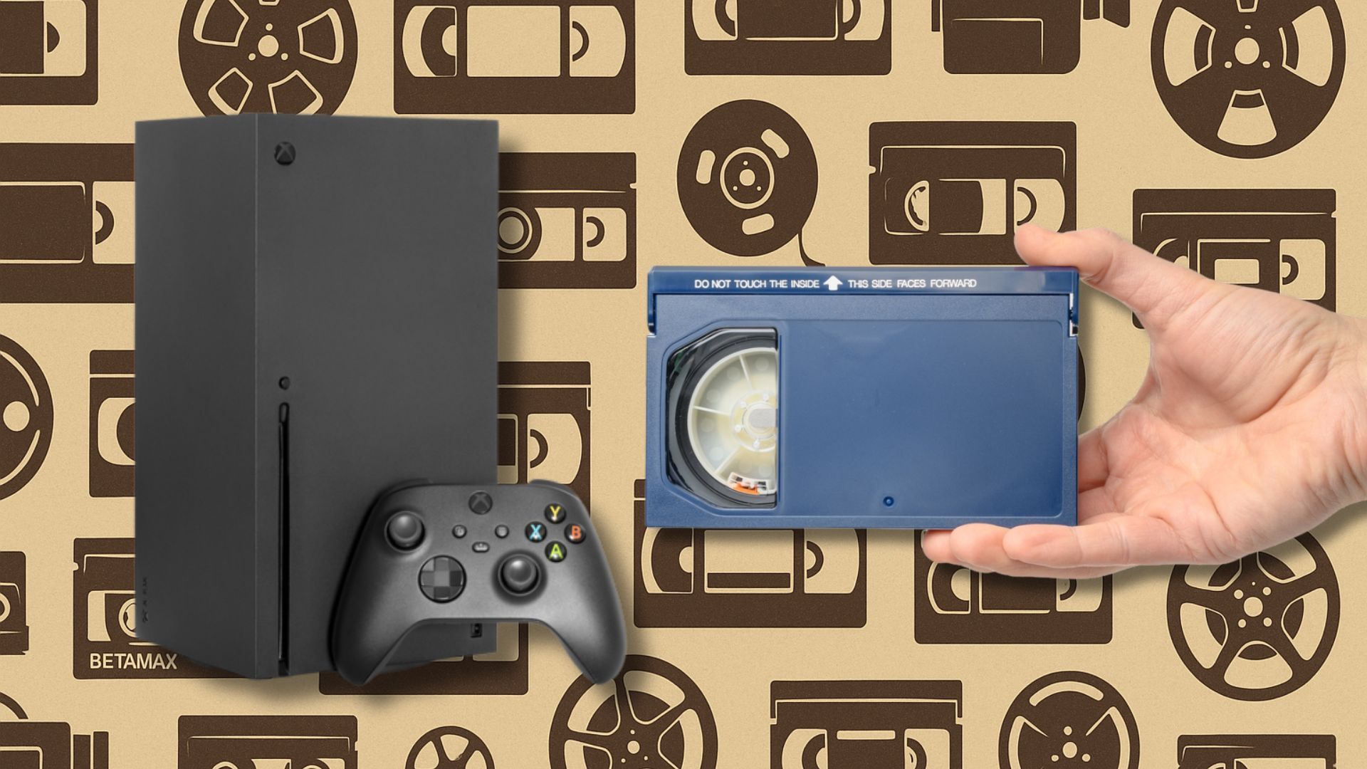 An Xbox Series X and Betamax tape on a vintage media.