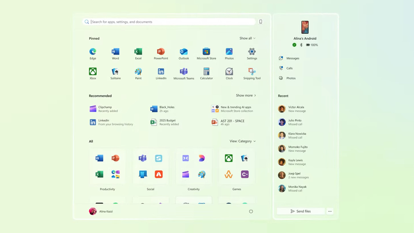 Windows 11 Start Menu Redesign for 2025 showing new menu with Phone Link side panel to the right