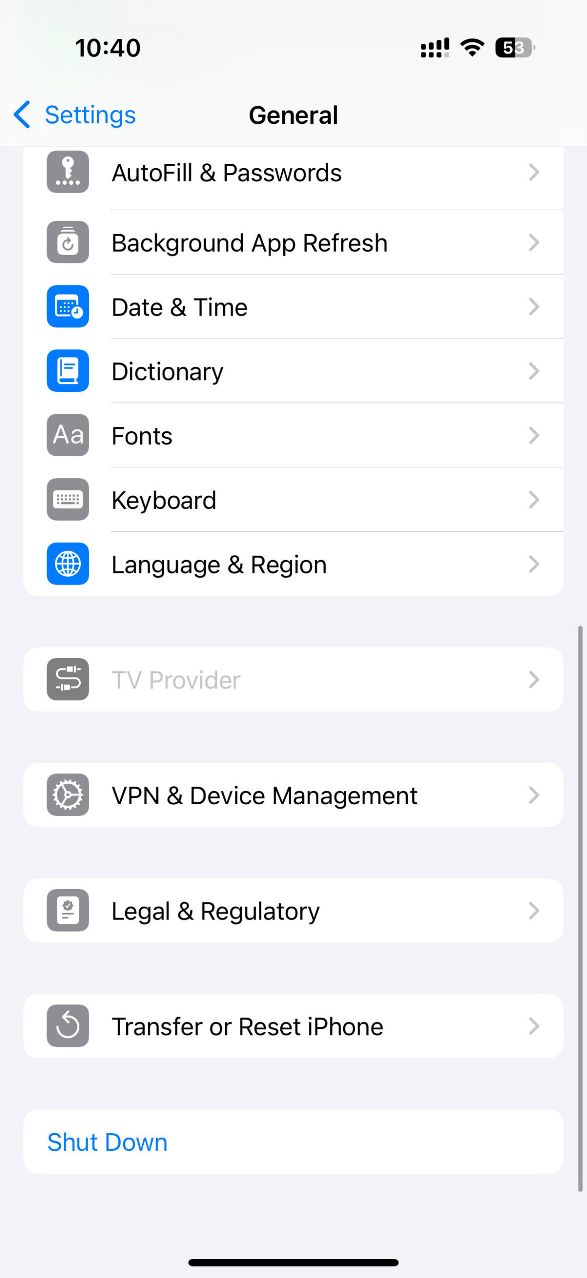 General settings page in iOS 18.5