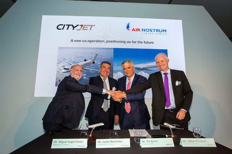From left, Miguel Angel Falcon and Carlos Bertomeu of Air Nostrum, and Cityjet's Pat Byrne and Cathal O'Connell at the announcement in 2023 that the two regional airlines were joining forces