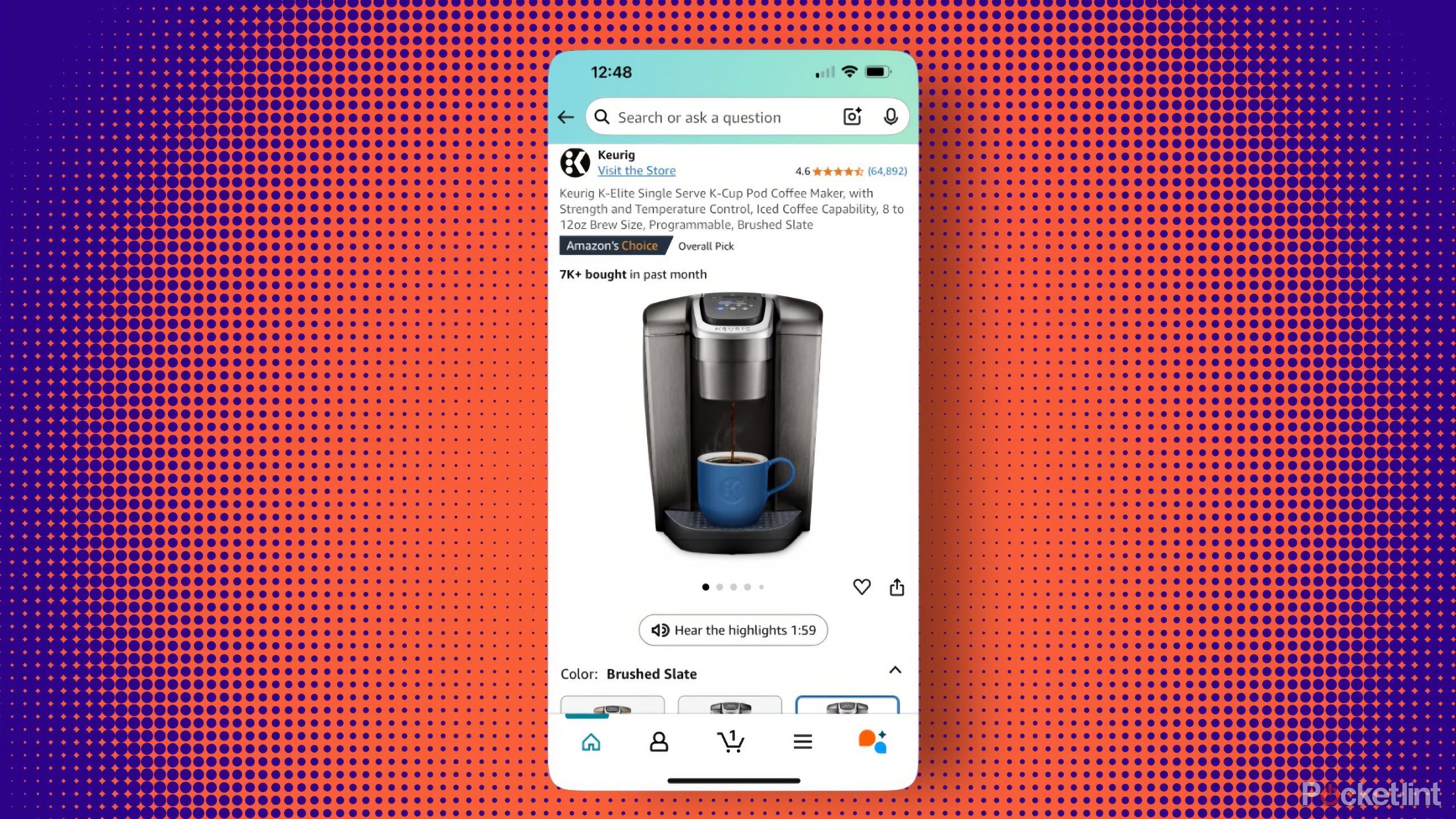 Amazon's Ai highlights on a Keurig. 