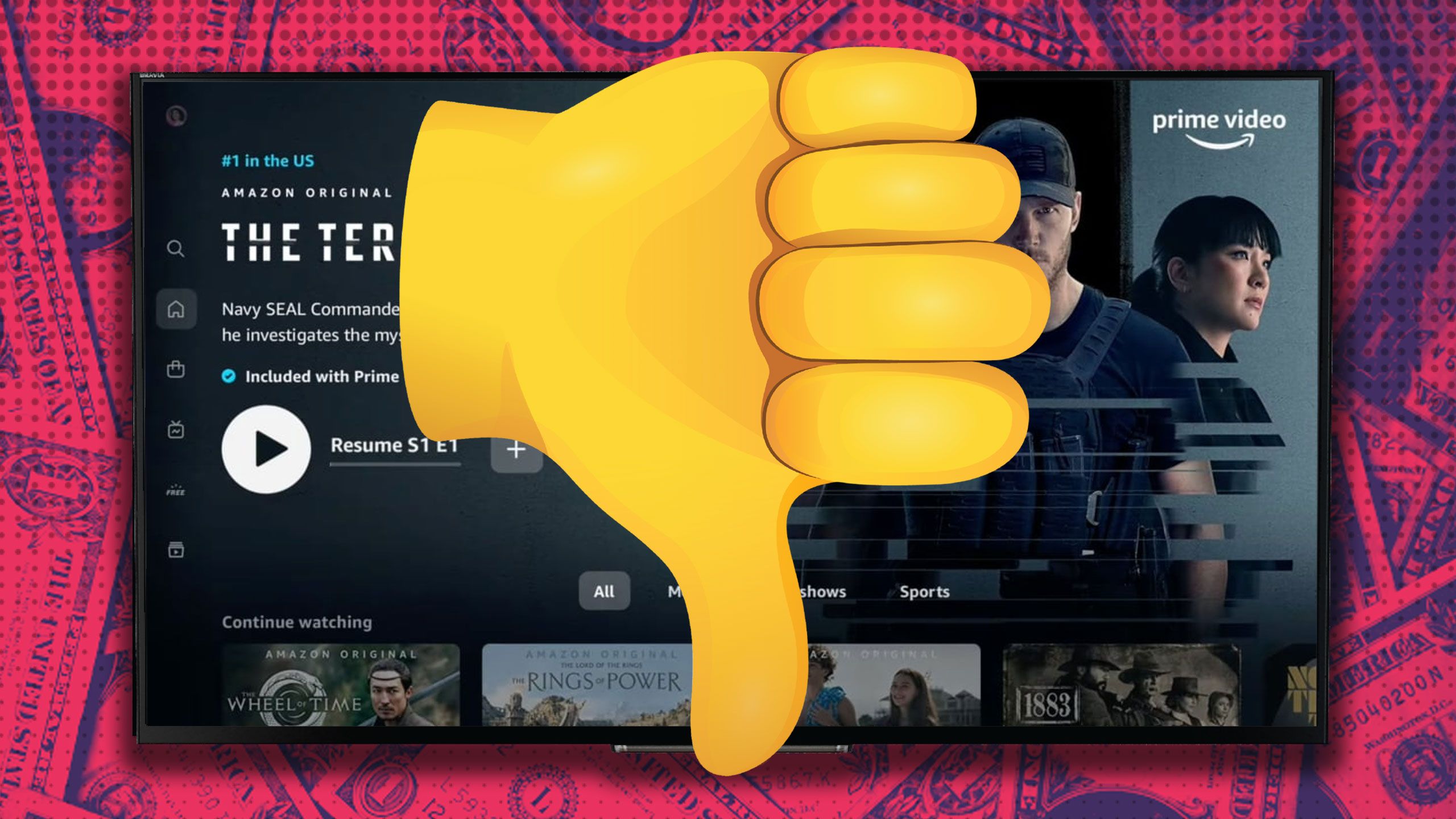 Amazon Prime on a TV with a thumbs-down on it.