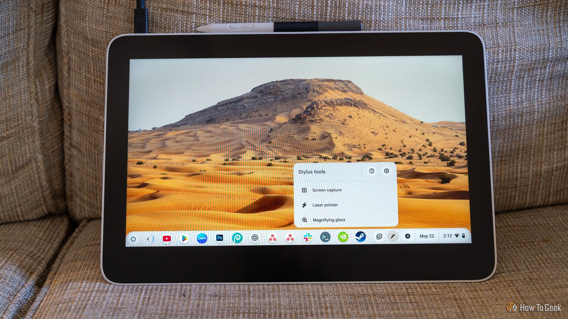 The pen input menu open on a Chromebook connected to a Wacom display.