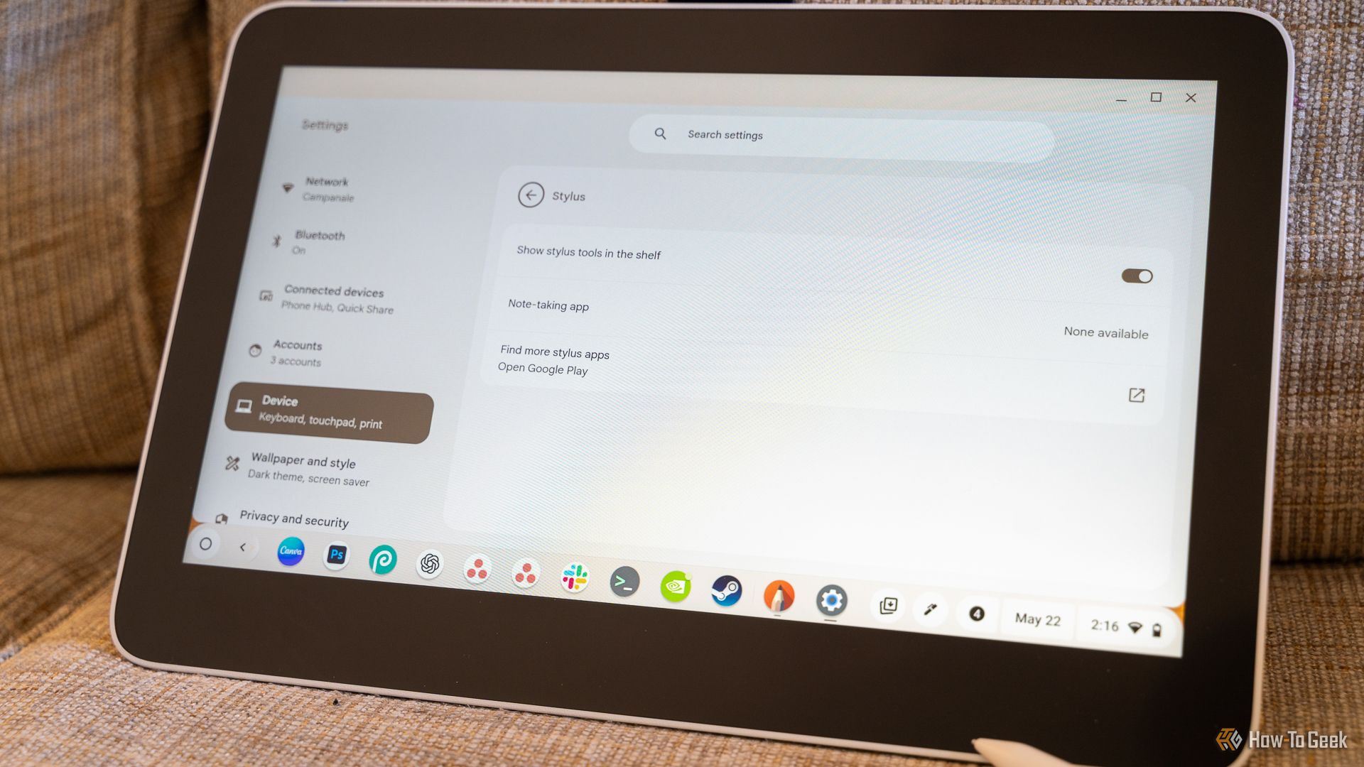 The stylus settings of a Chromebook when connected to a pen display.