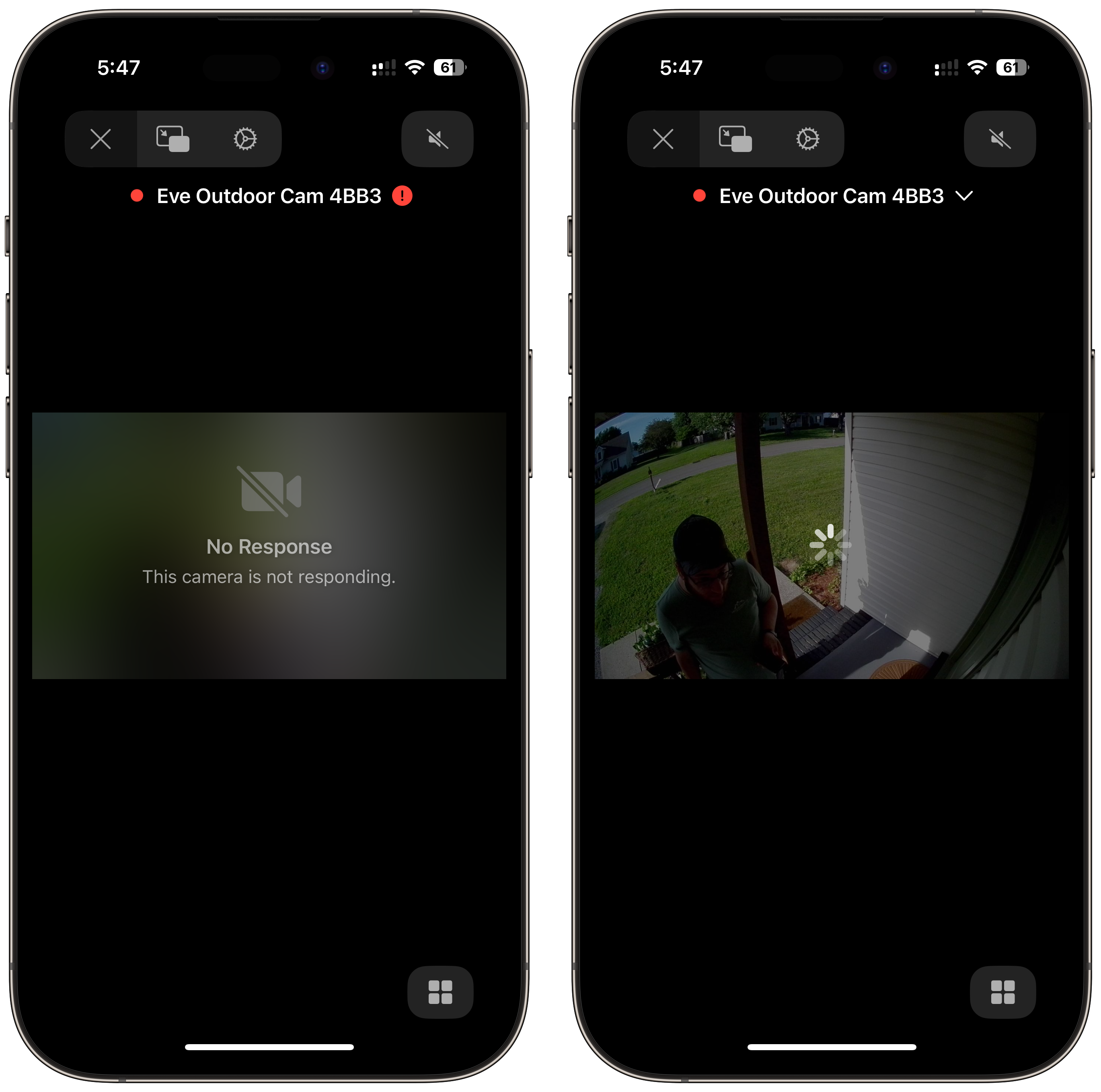 Screenshots of the Apple Home app with the Eve Outdoor Cam not connecting.