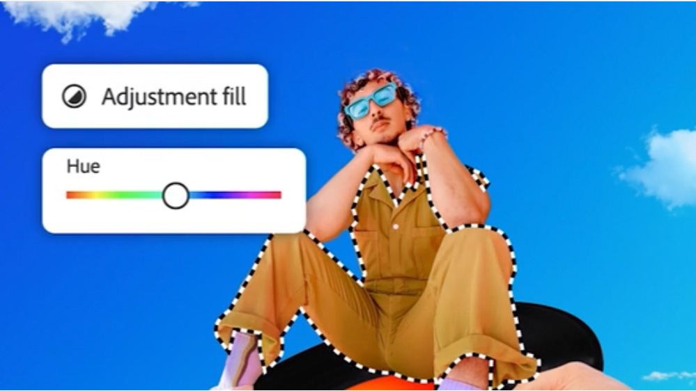 The interface of the Adobe Photoshop for mobile app, edits of a model against a blue sky