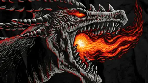 A graphic of a dragon breathing fire