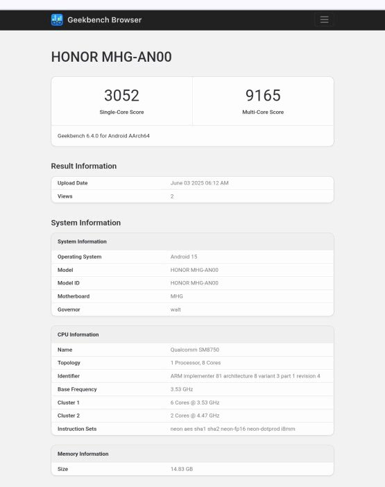 Honor Magic V5 Snapdragon Geekbench