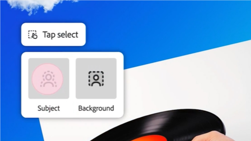 The interface of the Adobe Photoshop for mobile app, edits of a model against a blue sky