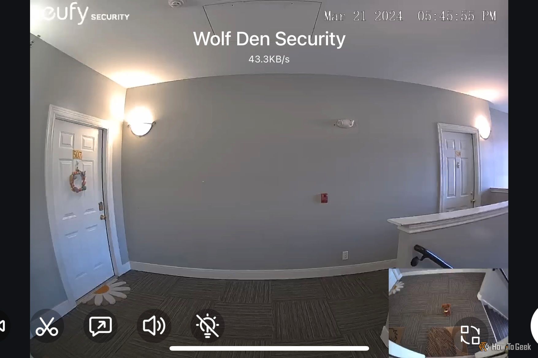 The eufy Security E340 Video Doorbell showing an apartment building's front hall
